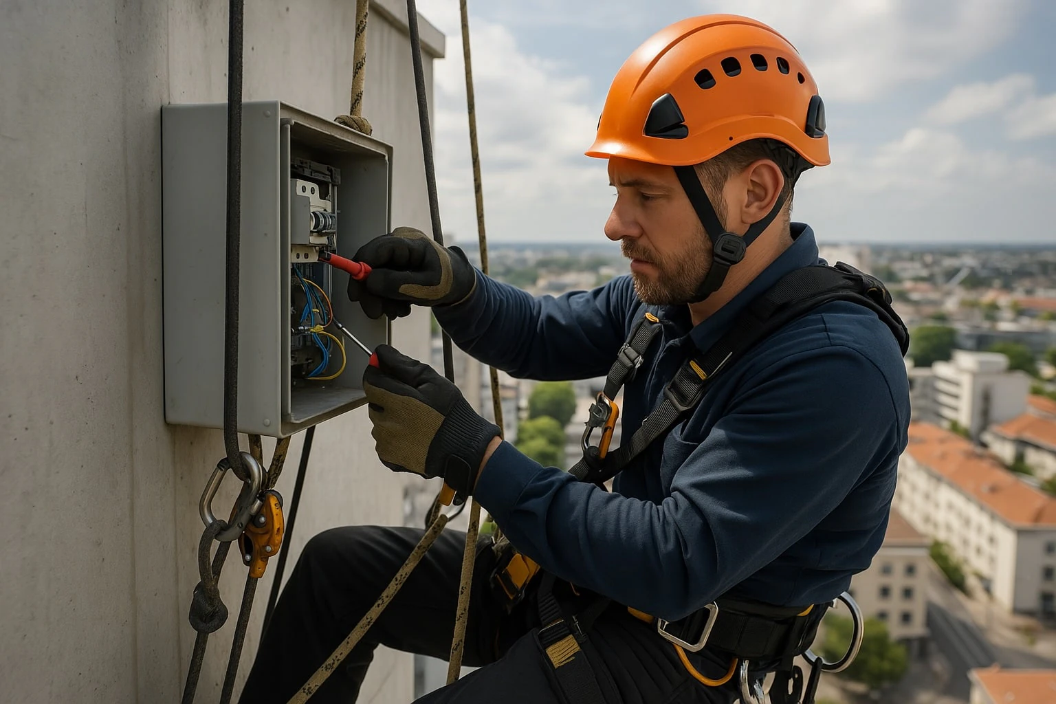 Electrical works at height by rope access technician