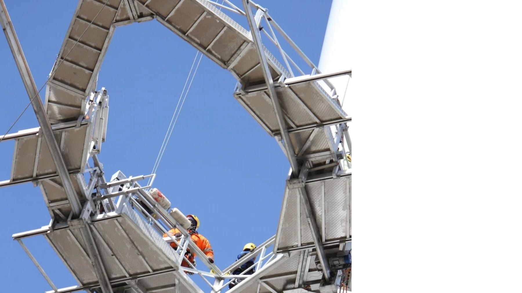 Offshore wind farm. Safe access with rope techniques and suspended platforms in offshore environments