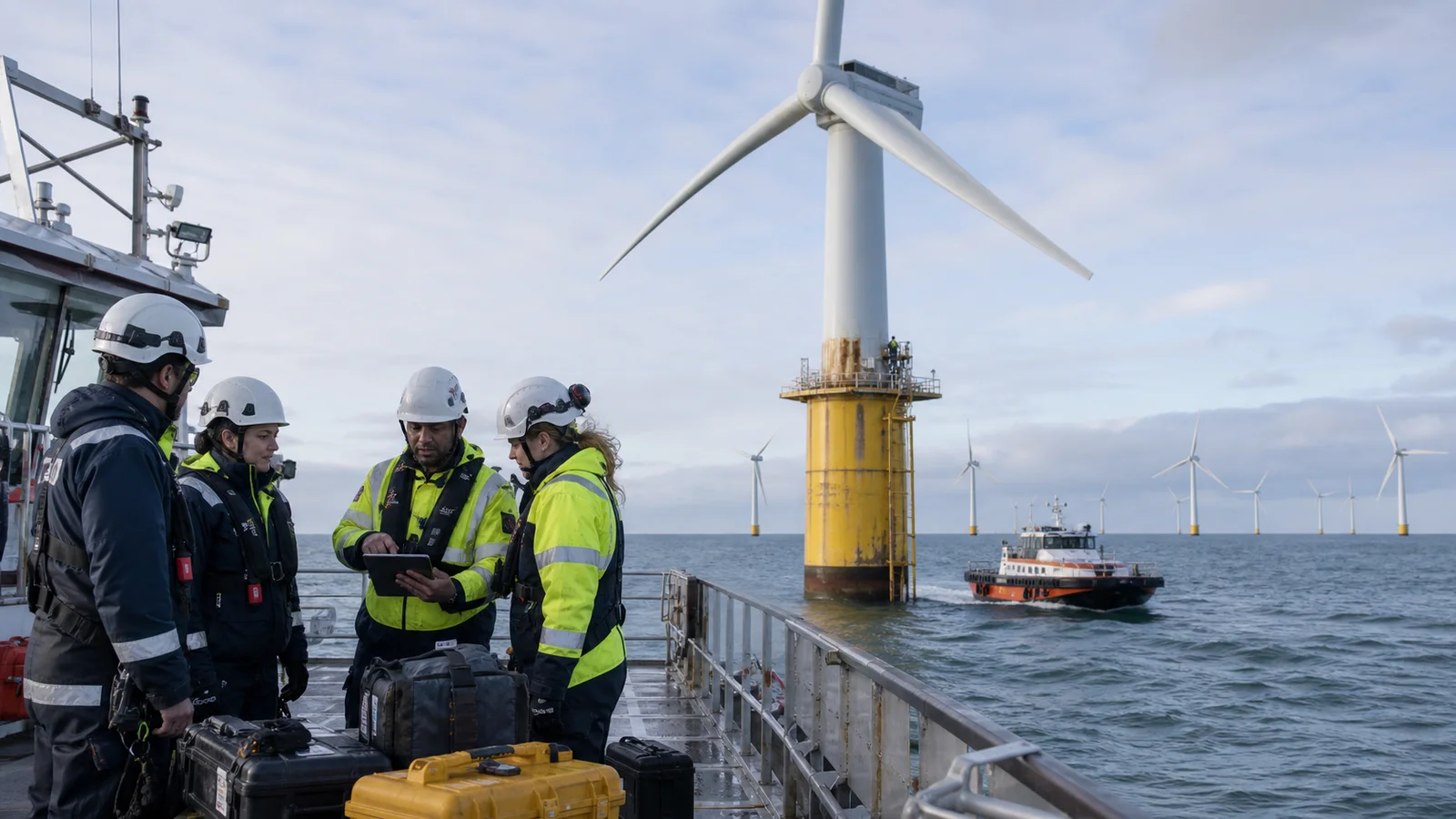 Offshore wind maintenance vessel operating among turbines in the Baltic Sea