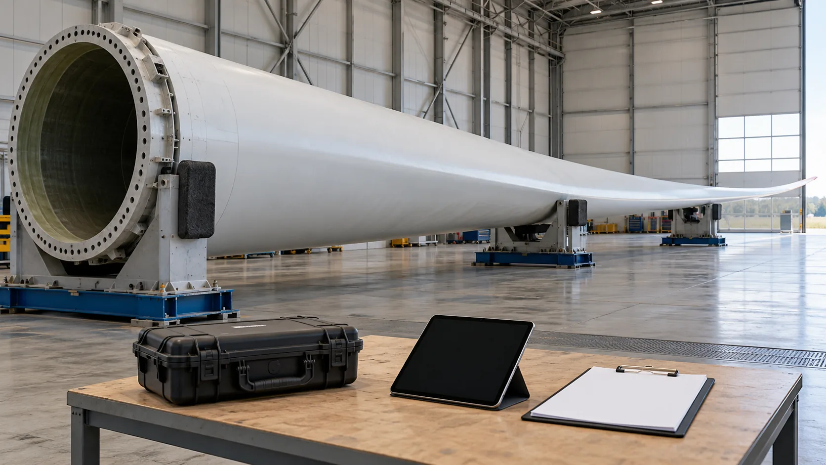 AI-generated editorial illustration: blade repair records and inspection planning