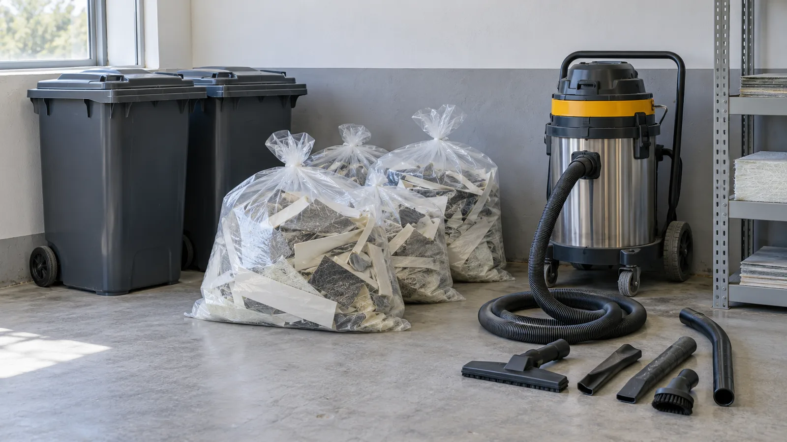 AI-generated editorial illustration of dust collection and closed waste containers for blade-repair planning, not a project photograph