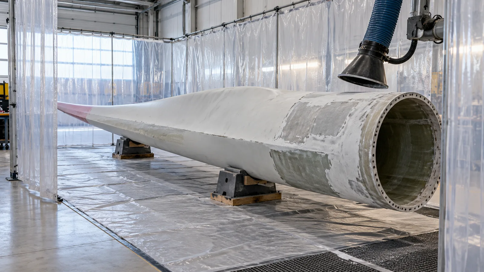 AI-generated editorial illustration of contained wind turbine blade repair preparation, not a project photograph