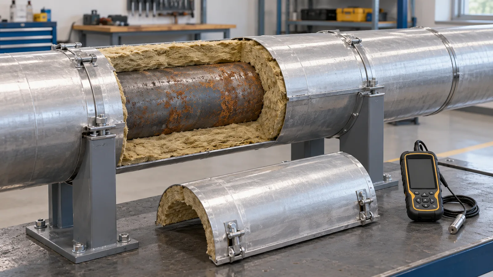 AI-generated editorial illustration of insulated industrial pipework and inspection planning; not a Gridinta project photograph