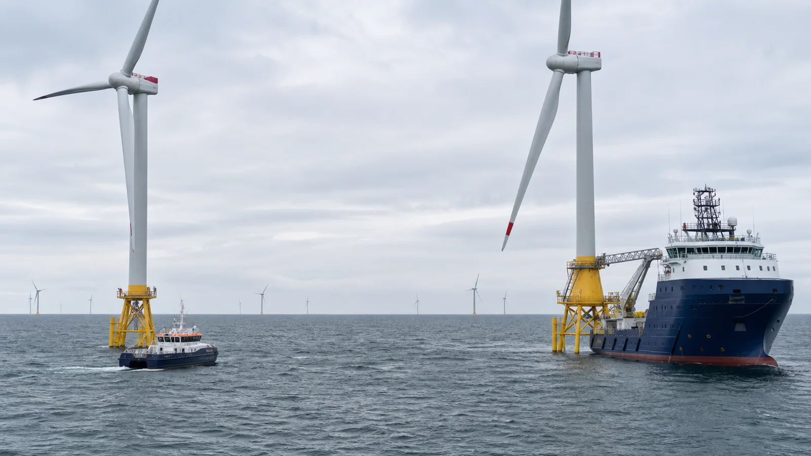 Offshore wind service vessel and walk-to-work gangway approaching a turbine safely
