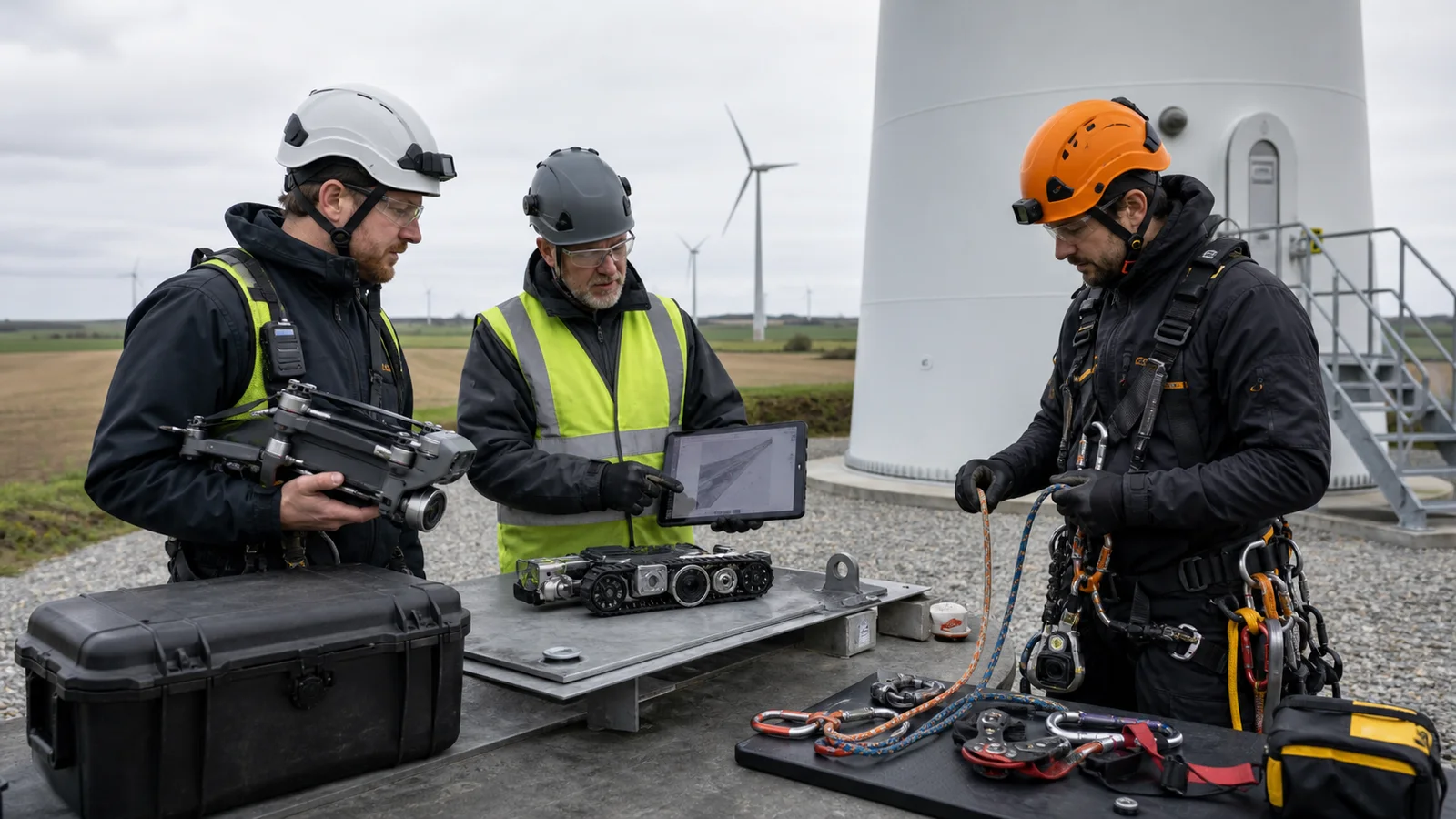 Onshore wind turbine inspection using a drone, crawling robot and rope access methods