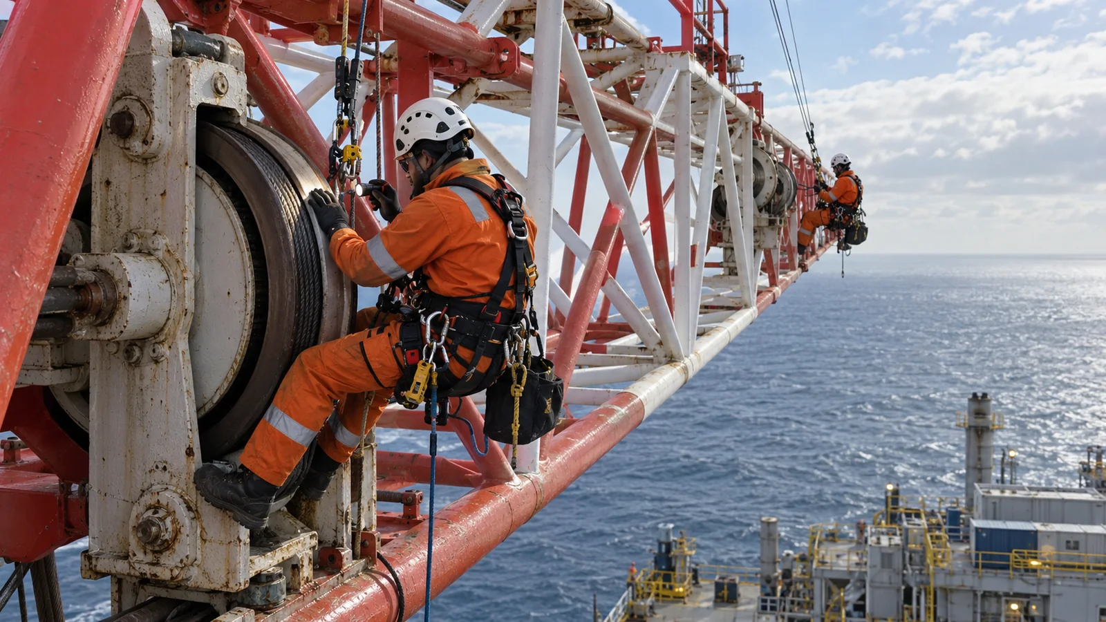 Rope access technicians inspect the sheave assembly on a stationary offshore crane boom