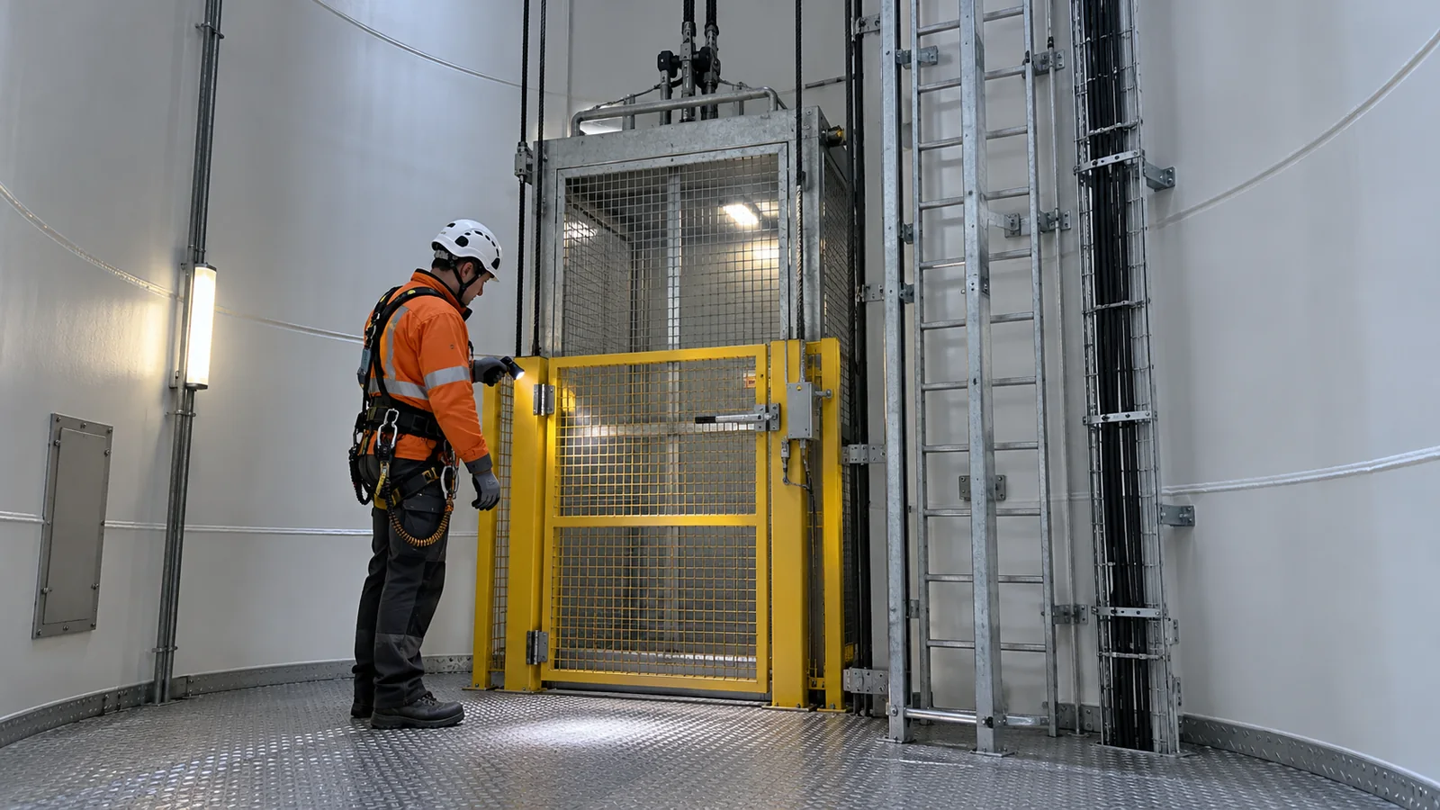 Technician checks the closed landing gate beside a service lift inside a wind turbine tower