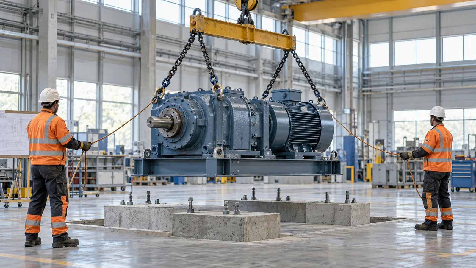 Industrial machinery suspended above a factory foundation while riggers guide it with tag lines