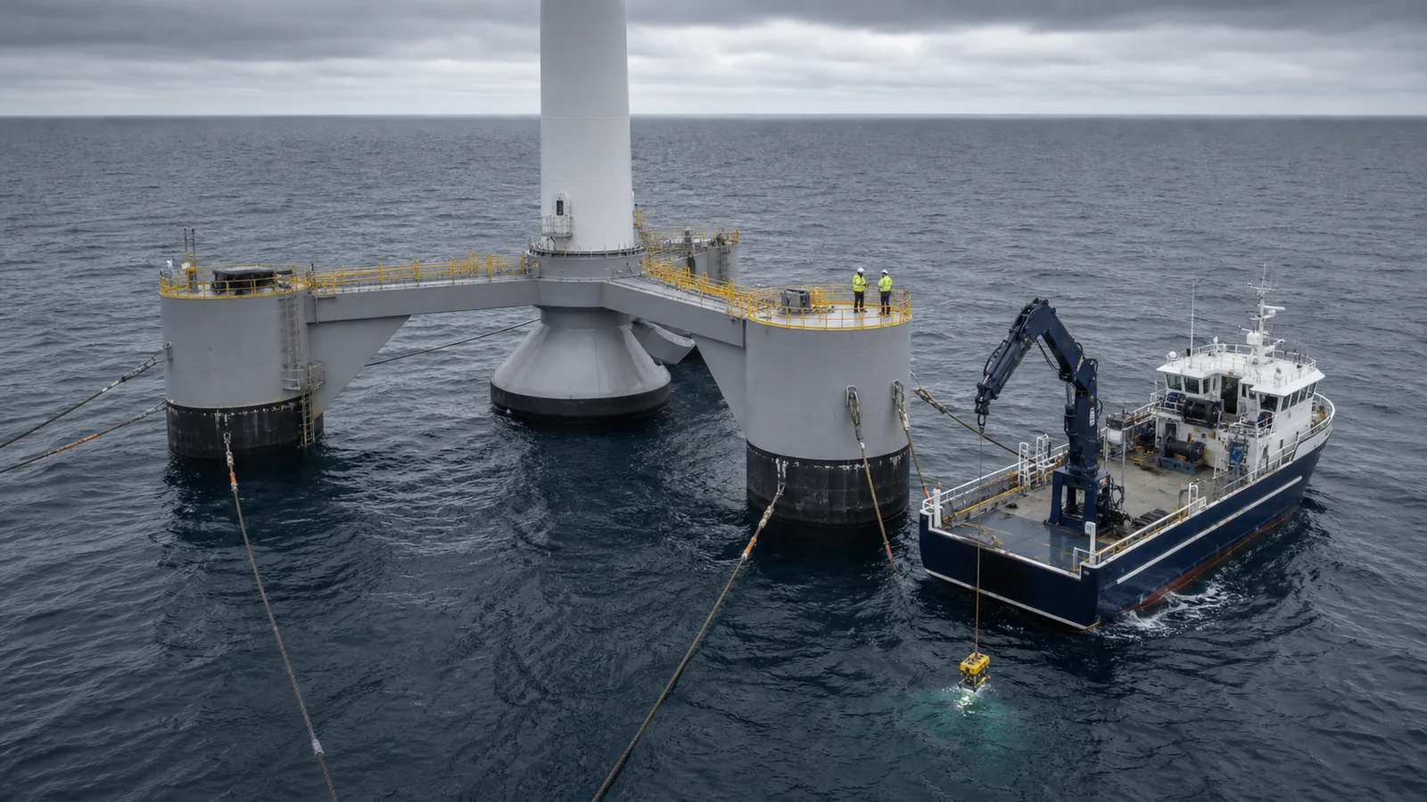 Floating offshore wind turbine with technicians inspecting above-water platform structures
