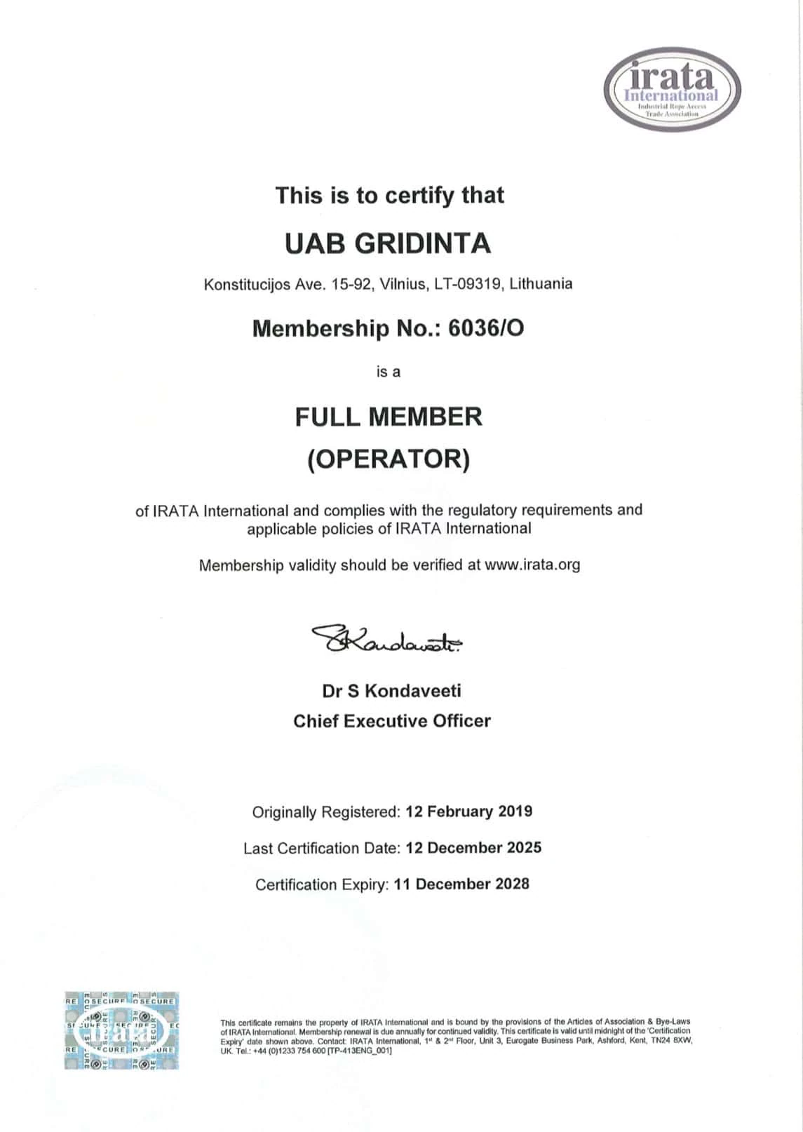 Gridinta IRATA certificate for 2025
