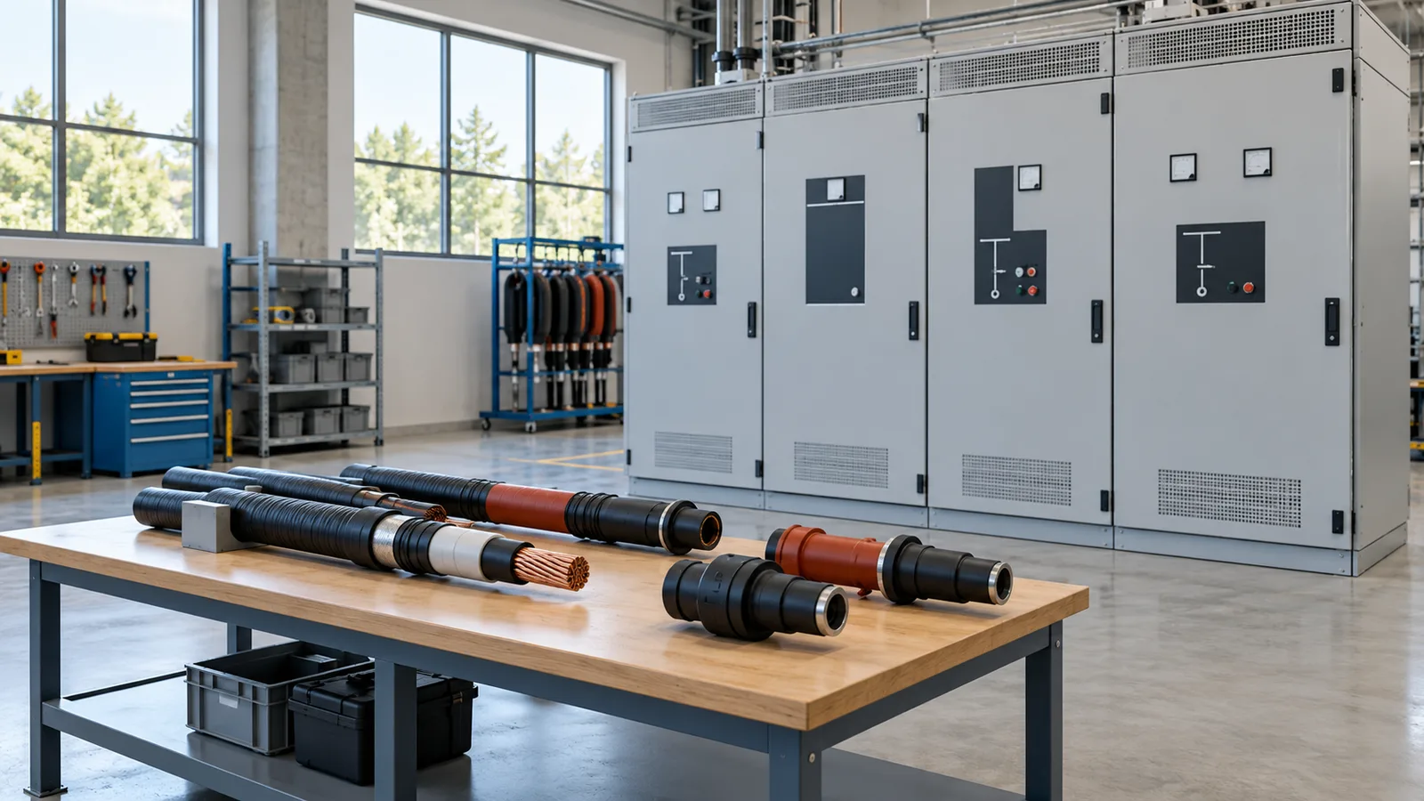 AI-generated editorial illustration of a wind-energy high voltage training environment, not a project photograph