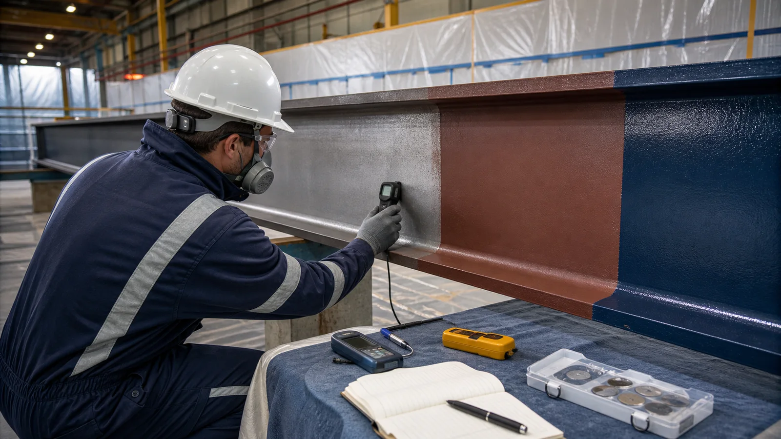 Coating inspector measuring dry film thickness on prepared industrial steel
