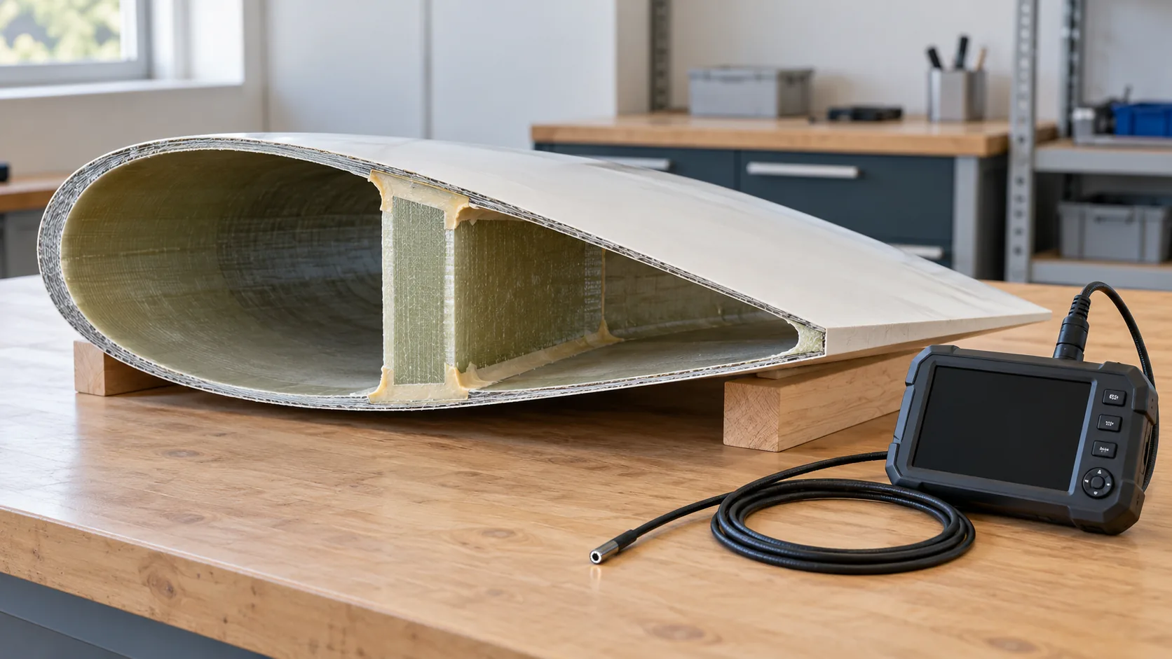 AI-generated editorial illustration: planning inspection of a wind turbine blade interior