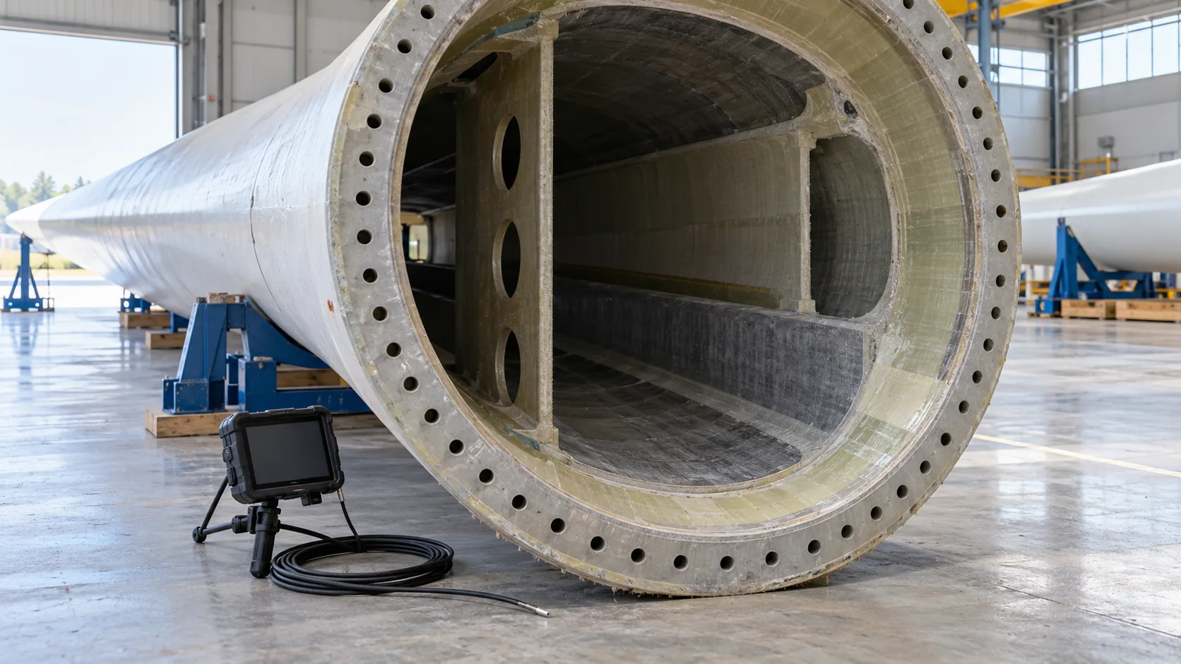 AI-generated editorial illustration: planning inspection of a wind turbine blade interior