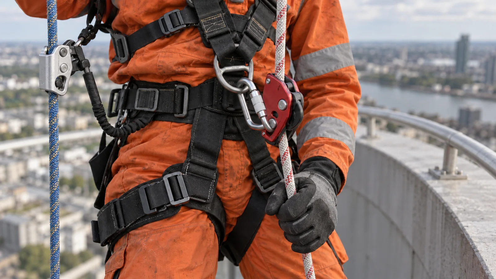 Gloved rope access technician controlling a descender beside a separate backup rope
