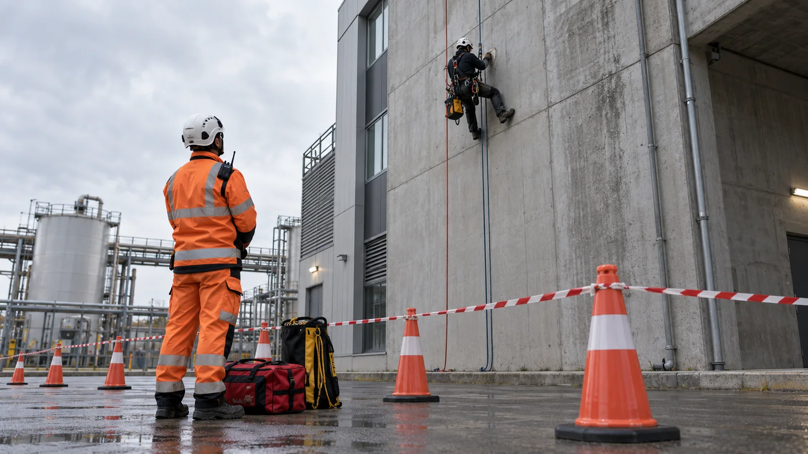 Rope access supervisor monitoring a cordoned work area with a rescue bag nearby