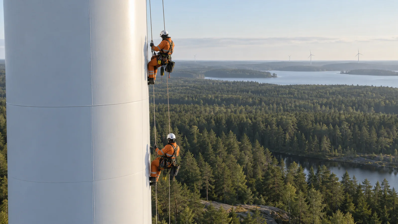 Two rope access technicians beside a wind turbine tower above forest