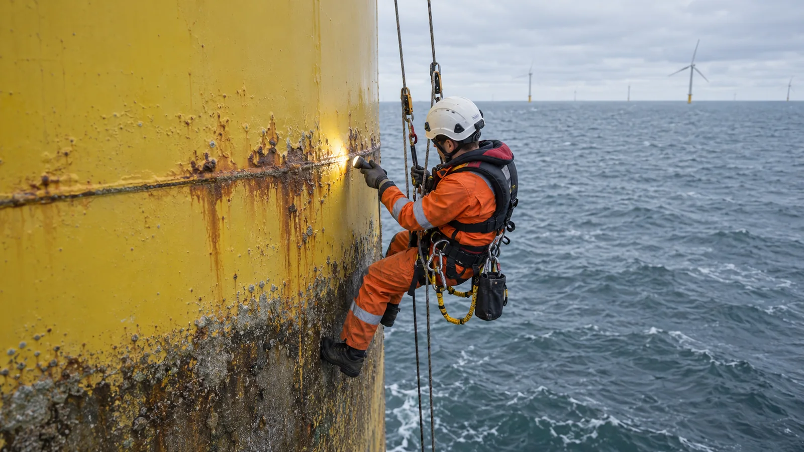 Rope access technician inspects coating wear on a yellow offshore wind foundation above the waterline