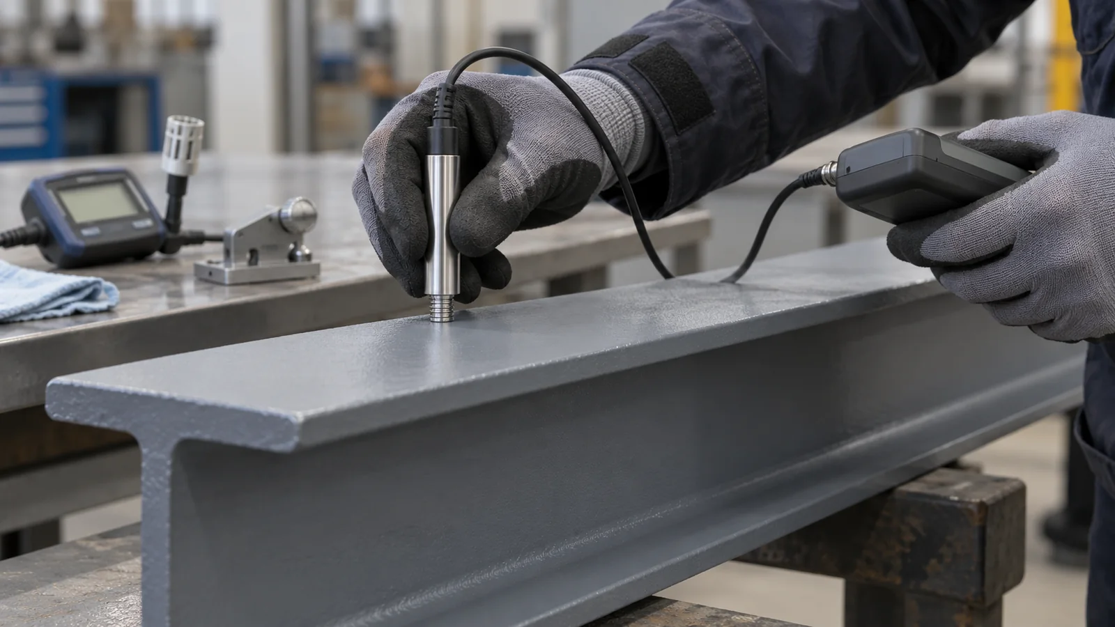 Gloved inspector places a coating thickness probe on a grey steel beam beside inspection instruments