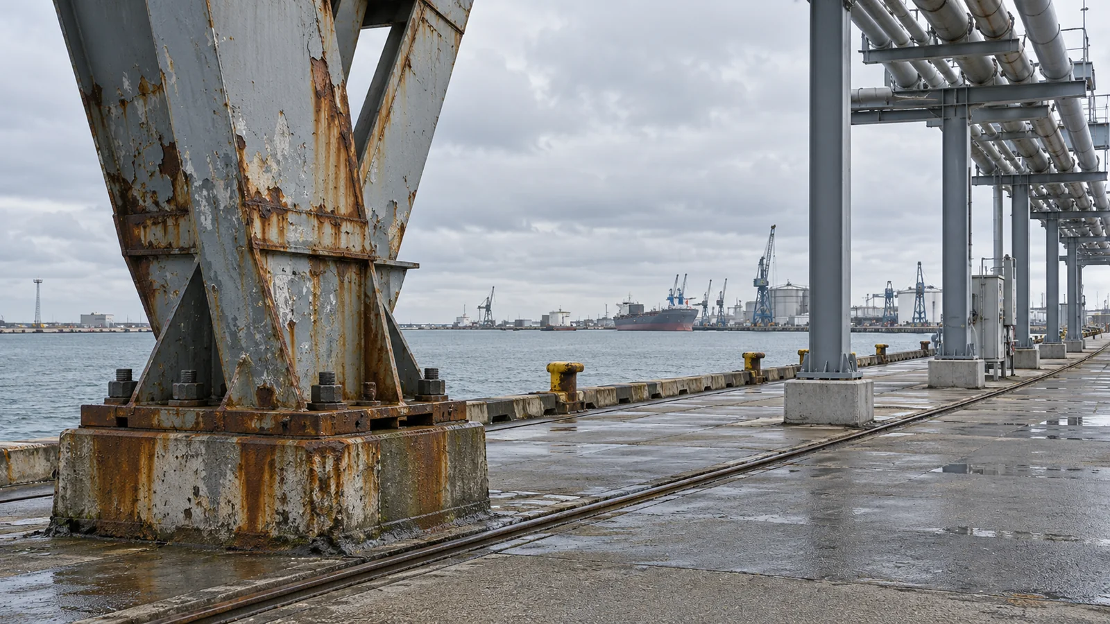 Weathered harbour steelwork with rust streaks beside freshly coated grey pipe supports near the sea