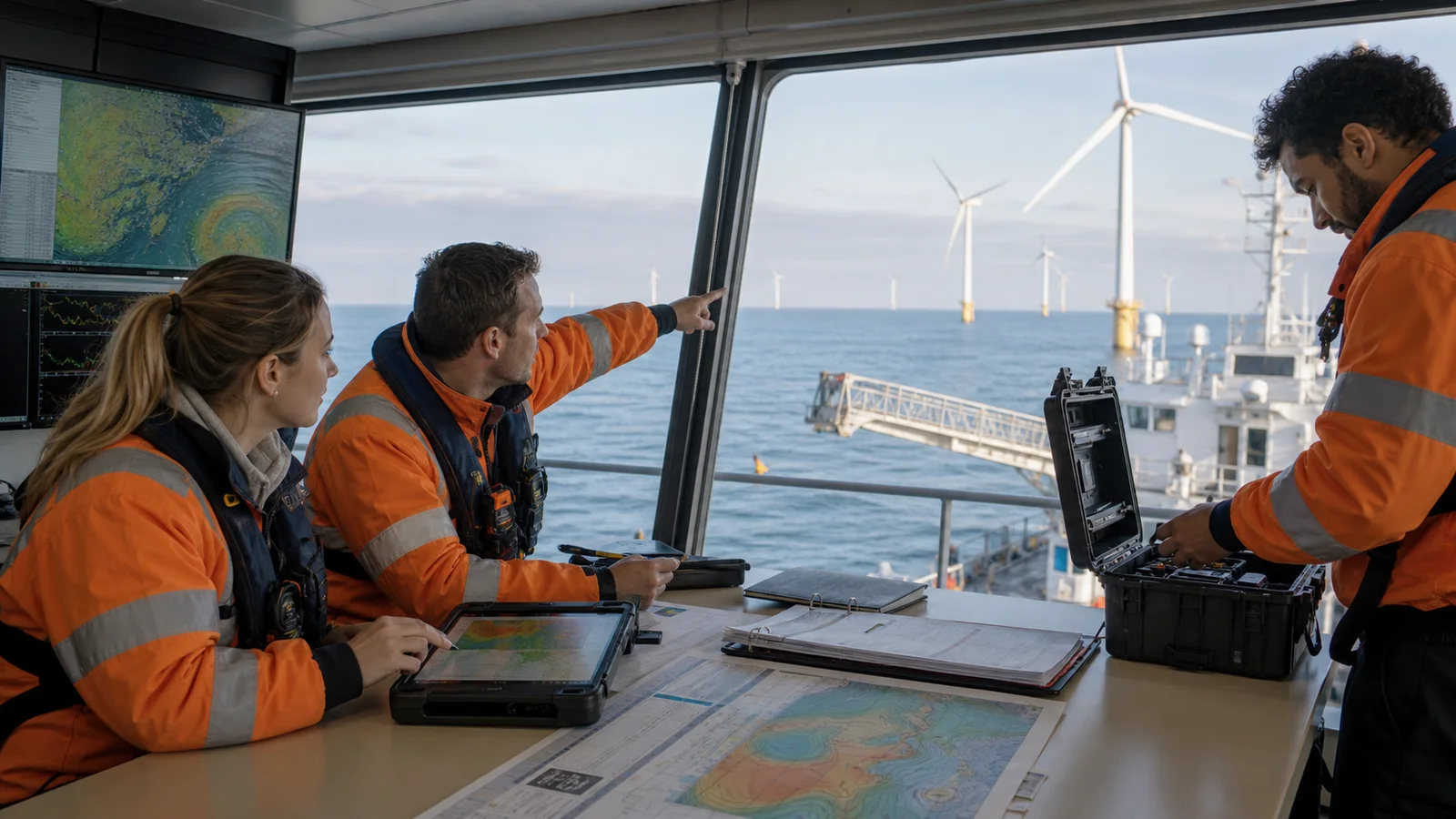 Offshore wind maintenance team coordinating a vessel-based turbine campaign