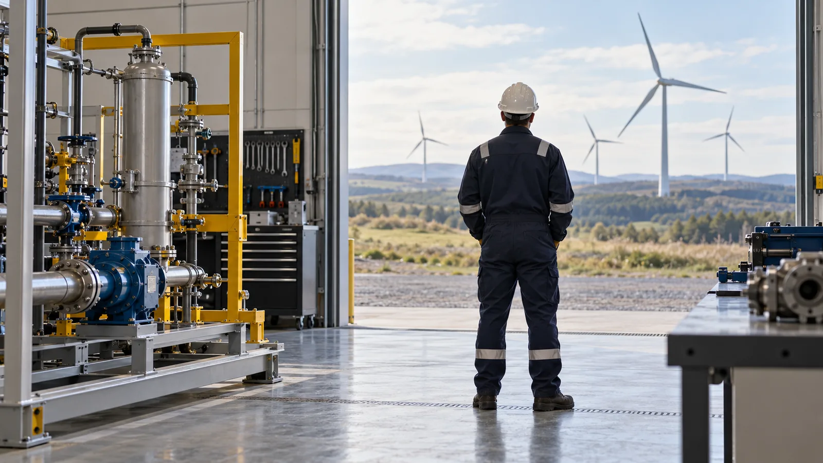 AI-generated editorial illustration of industrial technicians reviewing transferable skills for wind maintenance; not a Gridinta project photograph