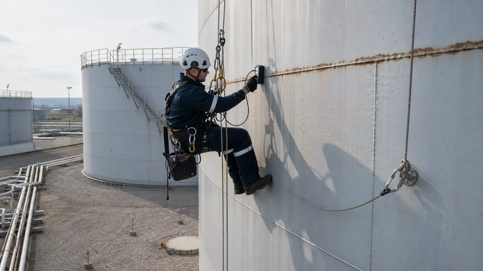 Rope access technician inspecting the shell of an onshore steel storage tank