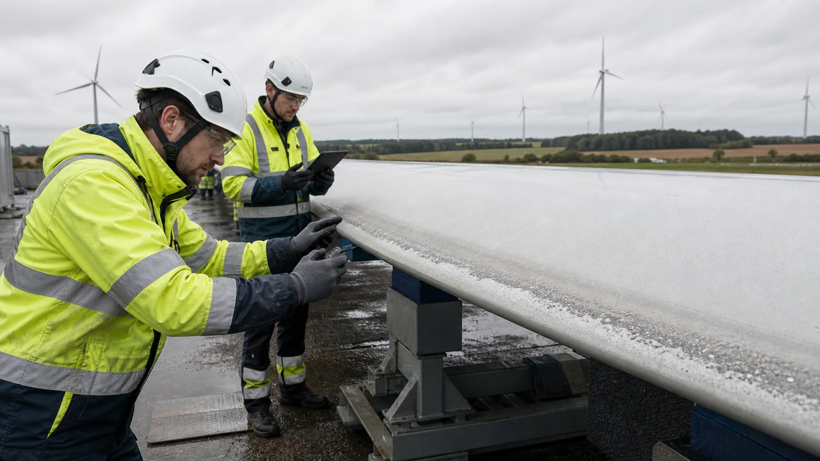 Close inspection of leading-edge erosion on an onshore wind turbine blade