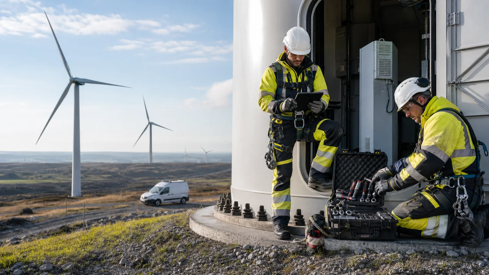 Technician using a checklist during an onshore wind turbine inspection