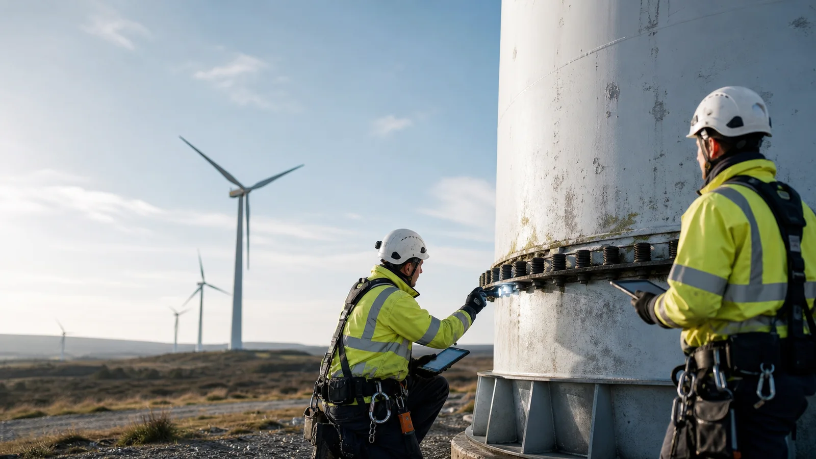 Technician inspecting an ageing onshore wind turbine tower for life extension