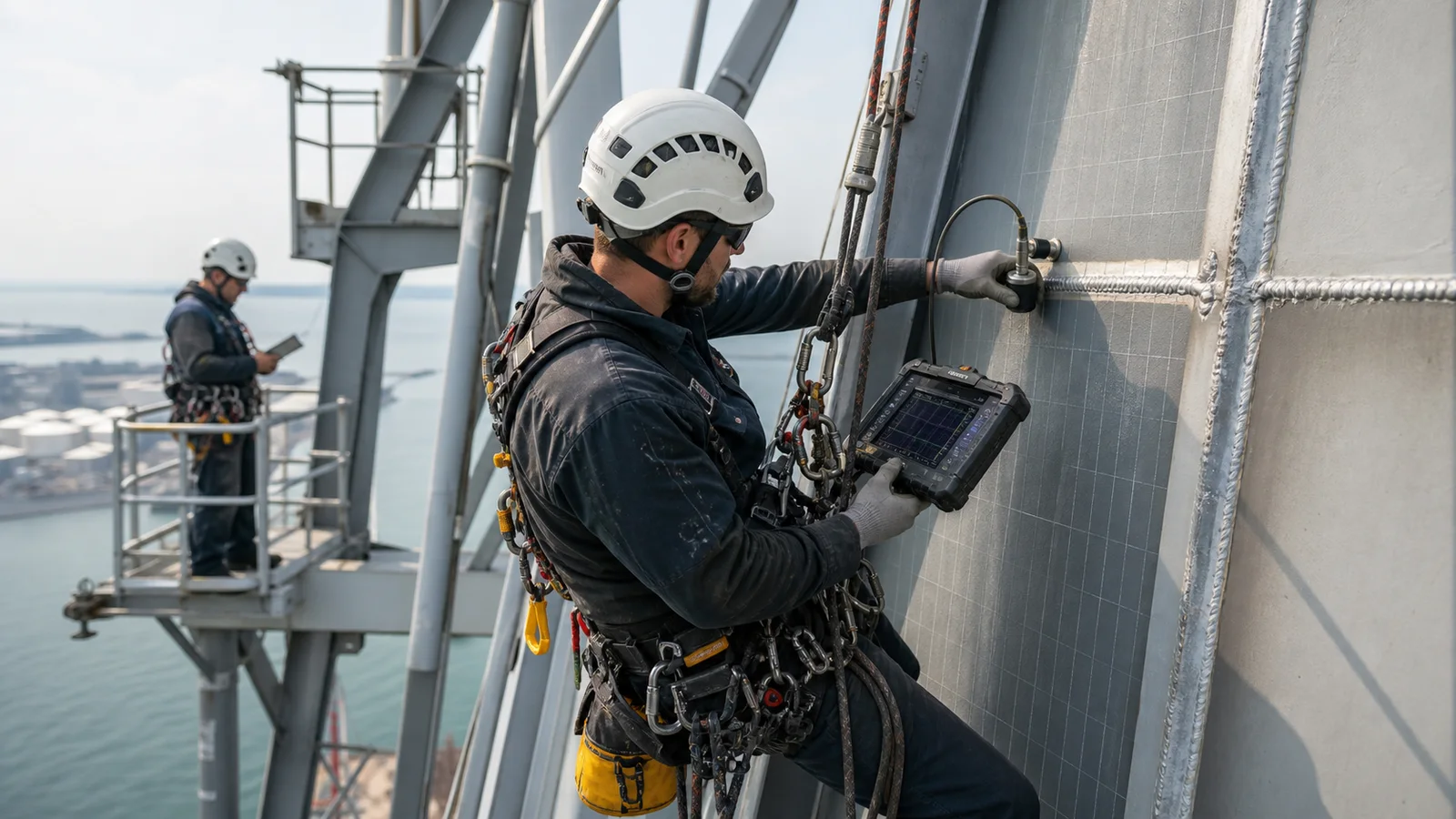 Rope access NDT technician examining a high steel structure with inspection equipment