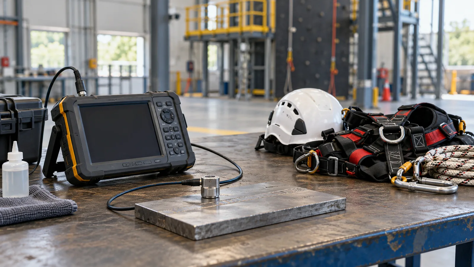 Rope-access and NDT qualification records beside inspection equipment — AI-generated editorial illustration, not a photograph of a real project