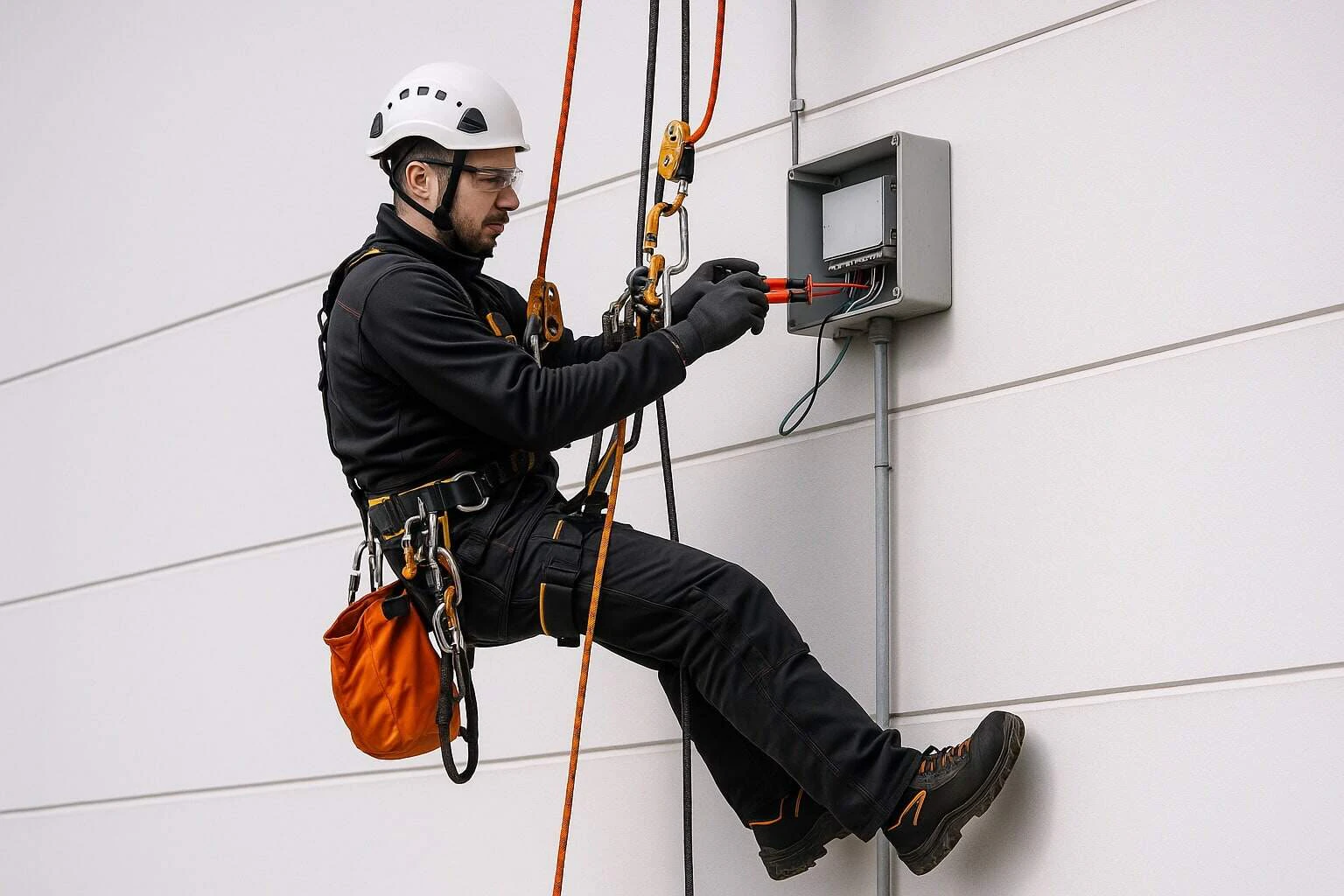 Rope access specialist performing electrical works