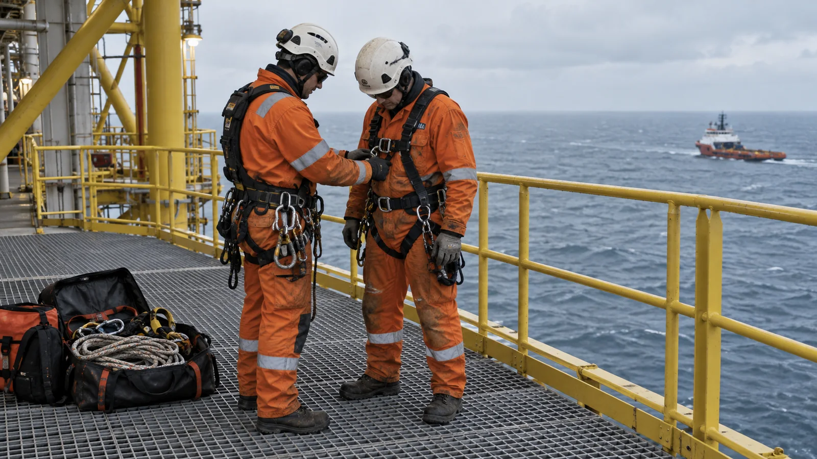 Two technicians checking rope access equipment on an offshore platform walkway