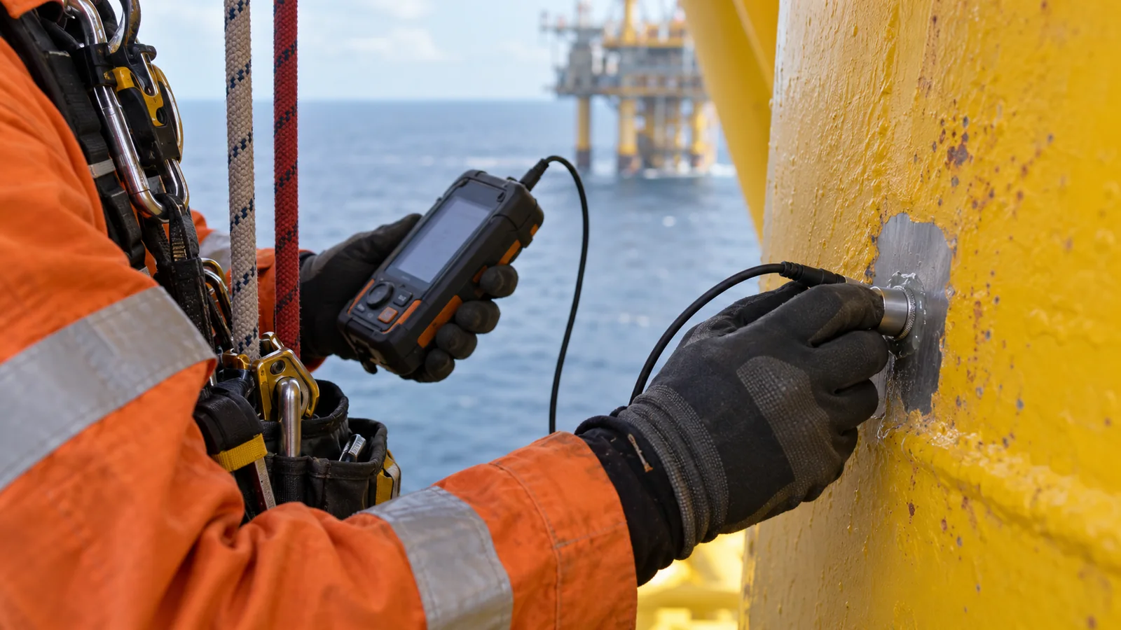 Gloved technician measuring a yellow steel member with an ultrasonic thickness probe