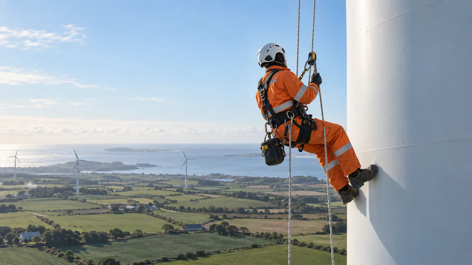 Rope access technician descending a wind turbine above coastal farmland