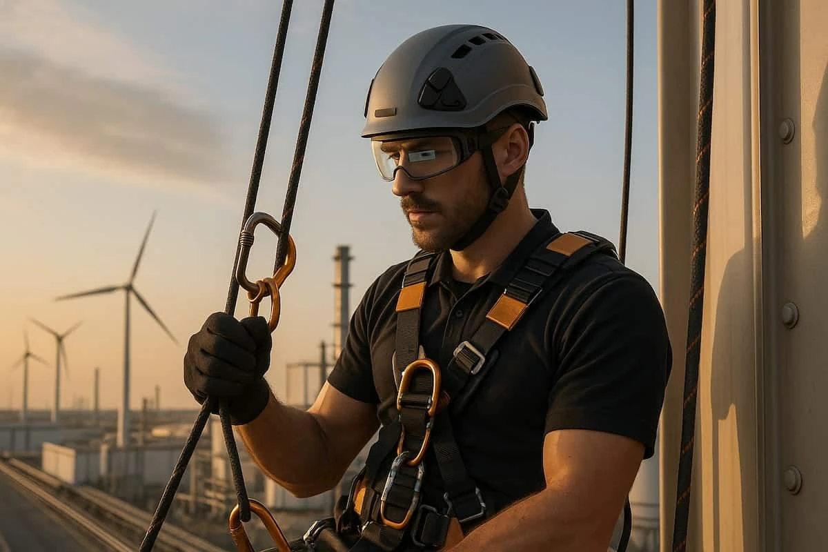 Rope access technician using smart helmet