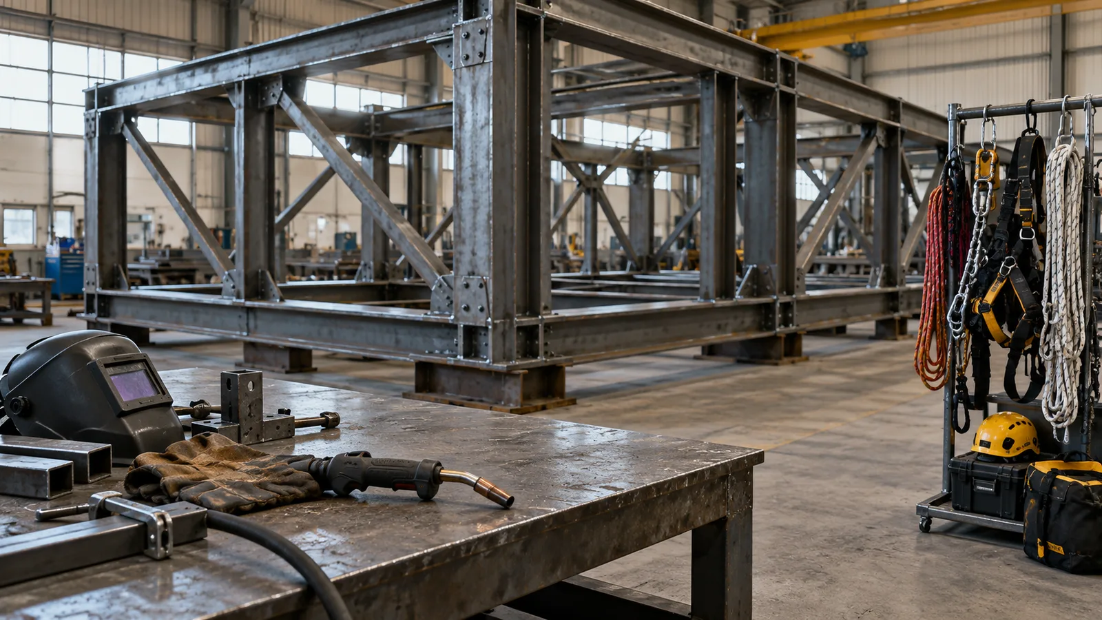 Industrial steel joint and rope-access work area shown for project planning — AI-generated editorial illustration, not a photograph of a real project