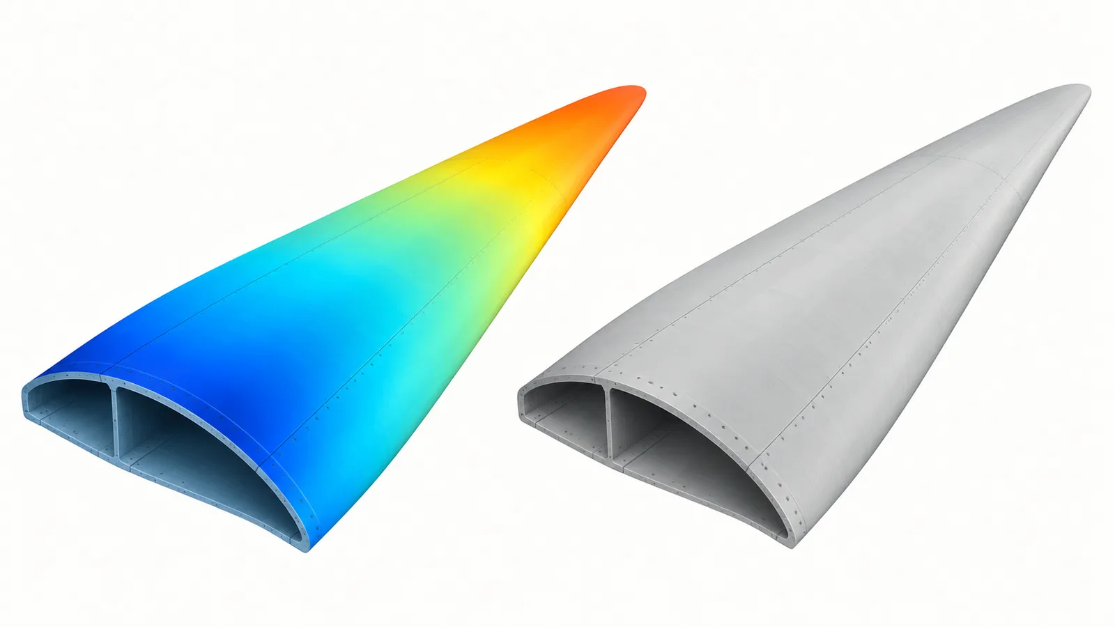 AI-generated conceptual illustration comparing simulated thermal colours with a plain blade-section view