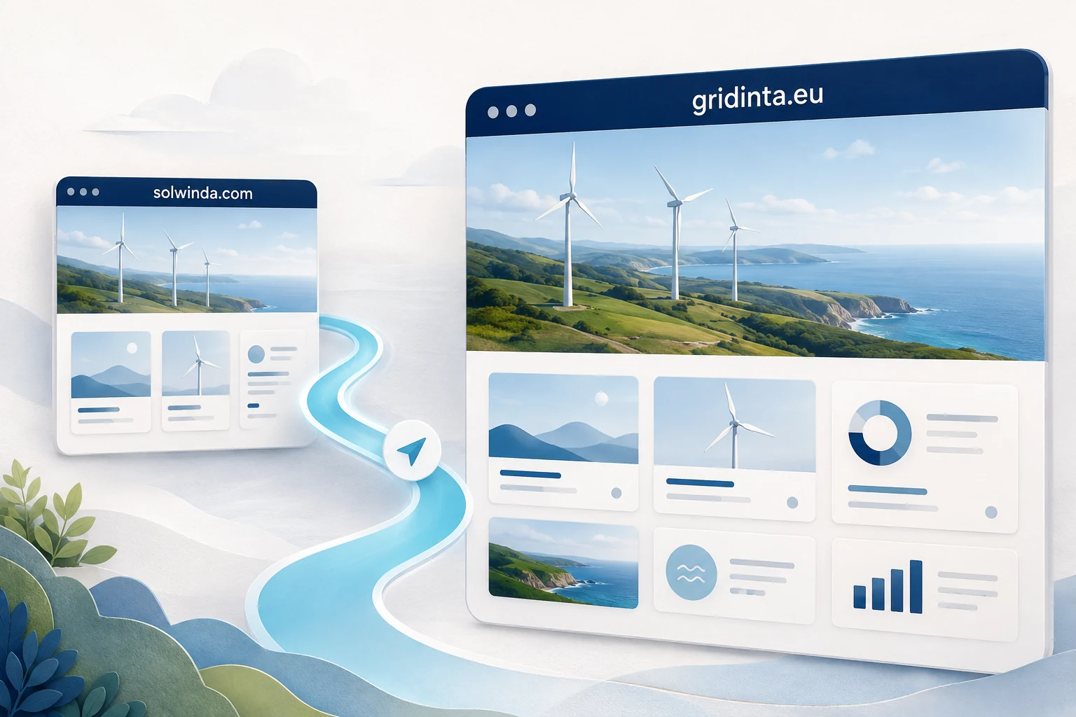 Illustration of visitors following a path from solwinda. Com to relevant wind energy content on Gridinta. Eu