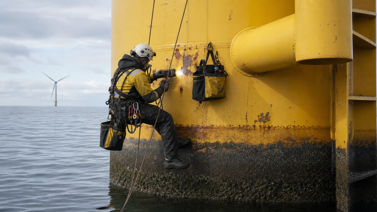 Rope access technician inspecting splash-zone coating damage on an offshore wind transition piece