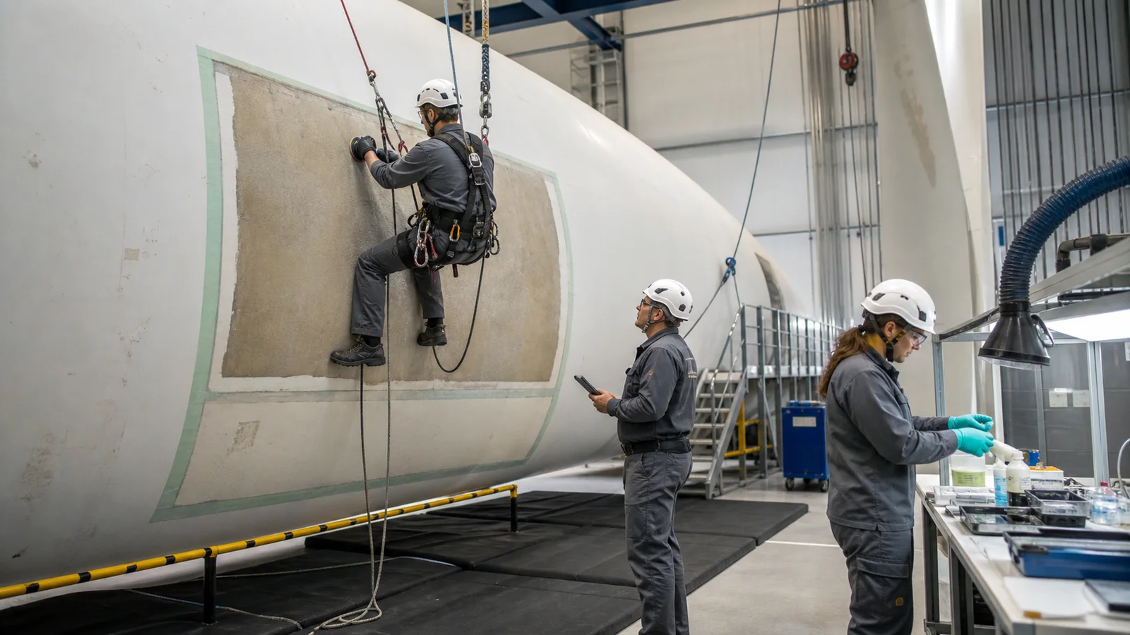 Blade repair technician preparing composite materials beside an onshore wind turbine blade