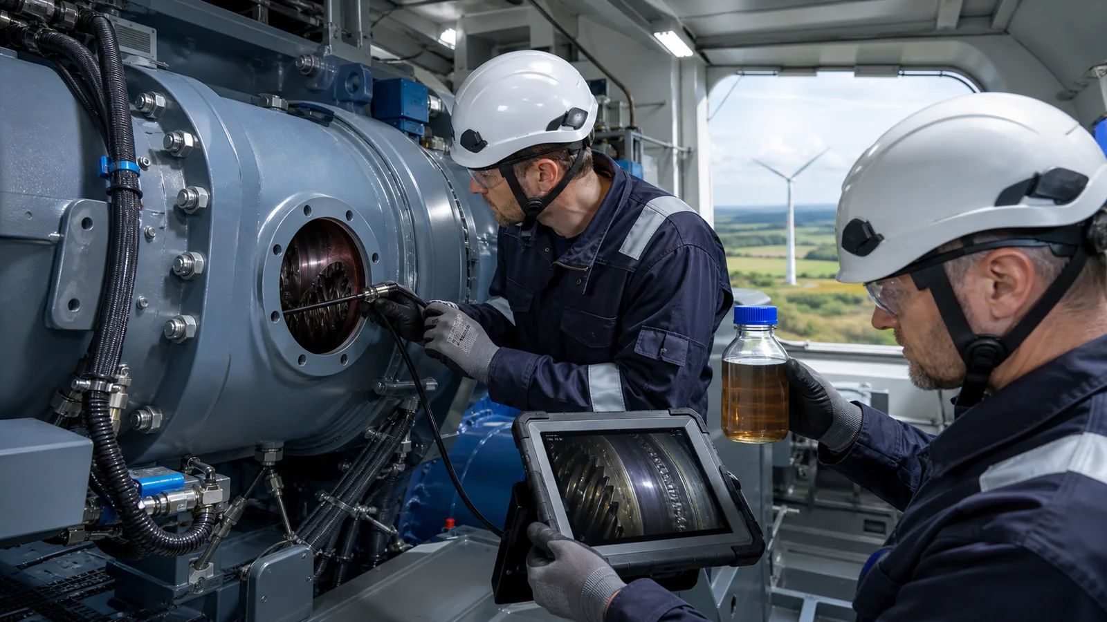 Borescope and oil sample prepared for an onshore wind turbine gearbox inspection