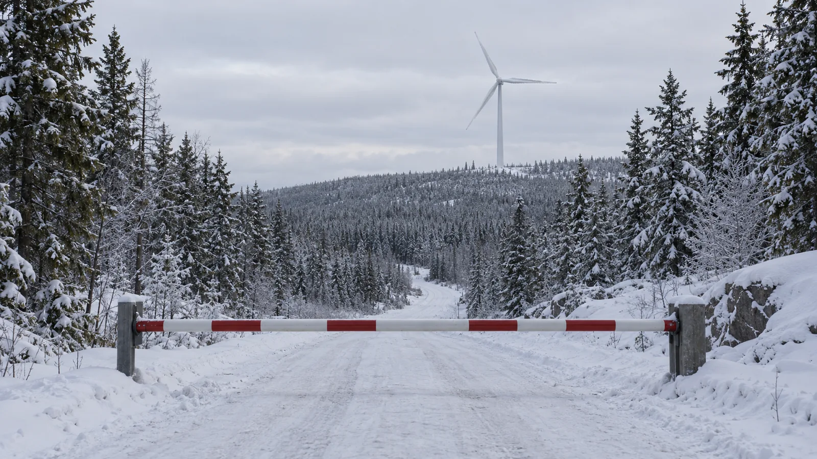Closed access road leading toward a stopped wind turbine in snowy woodland