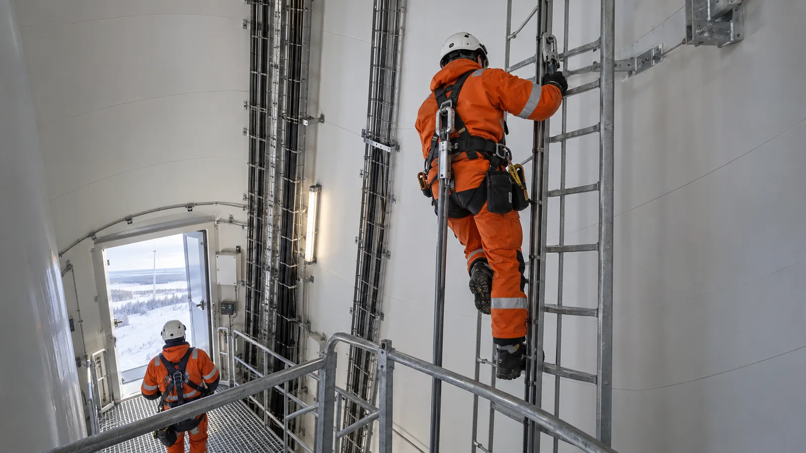 Technician in insulated workwear climbing a fixed ladder inside a wind turbine tower