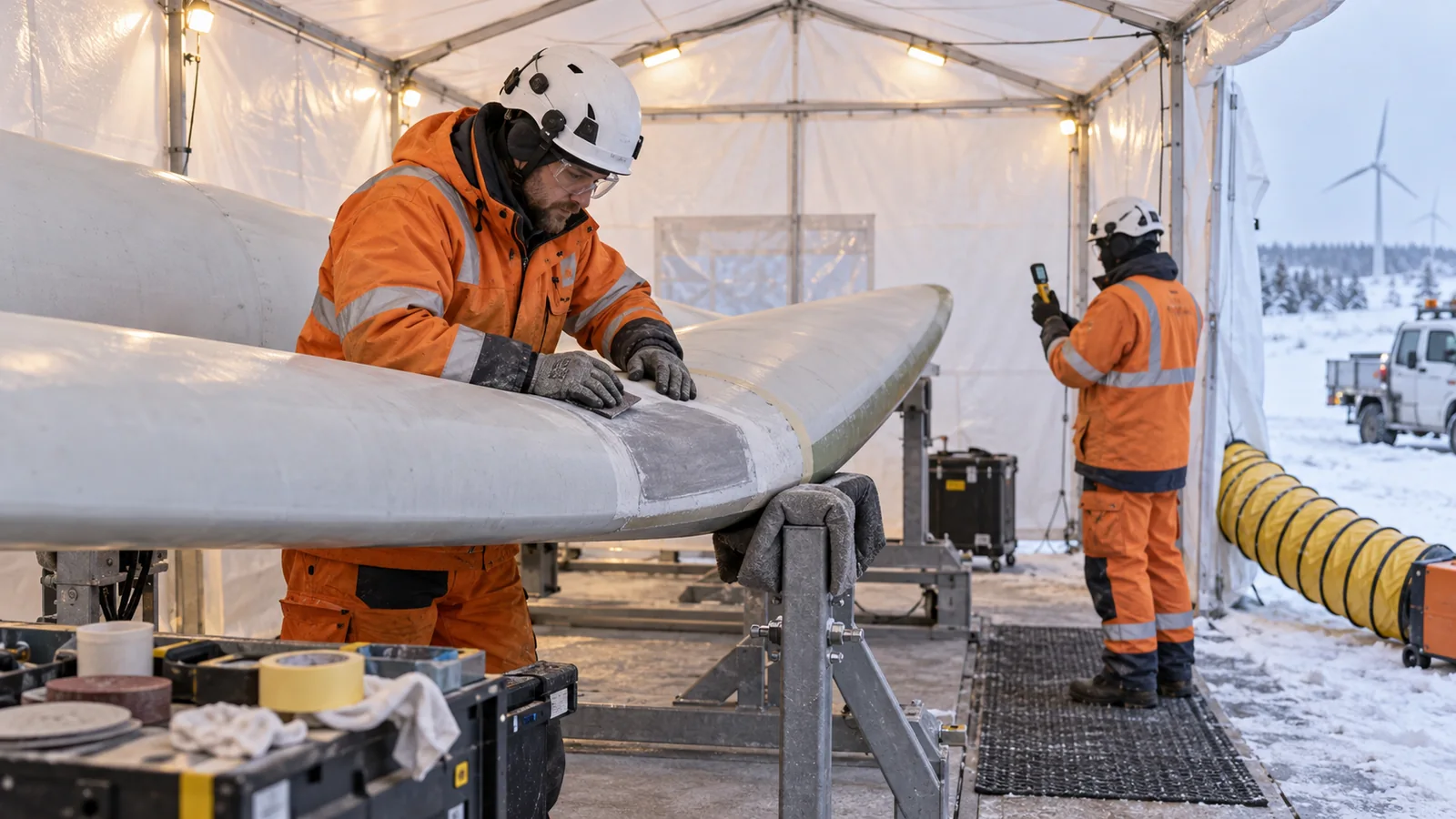 Technician preparing a dry blade repair area inside a temporary heated enclosure with snow outside