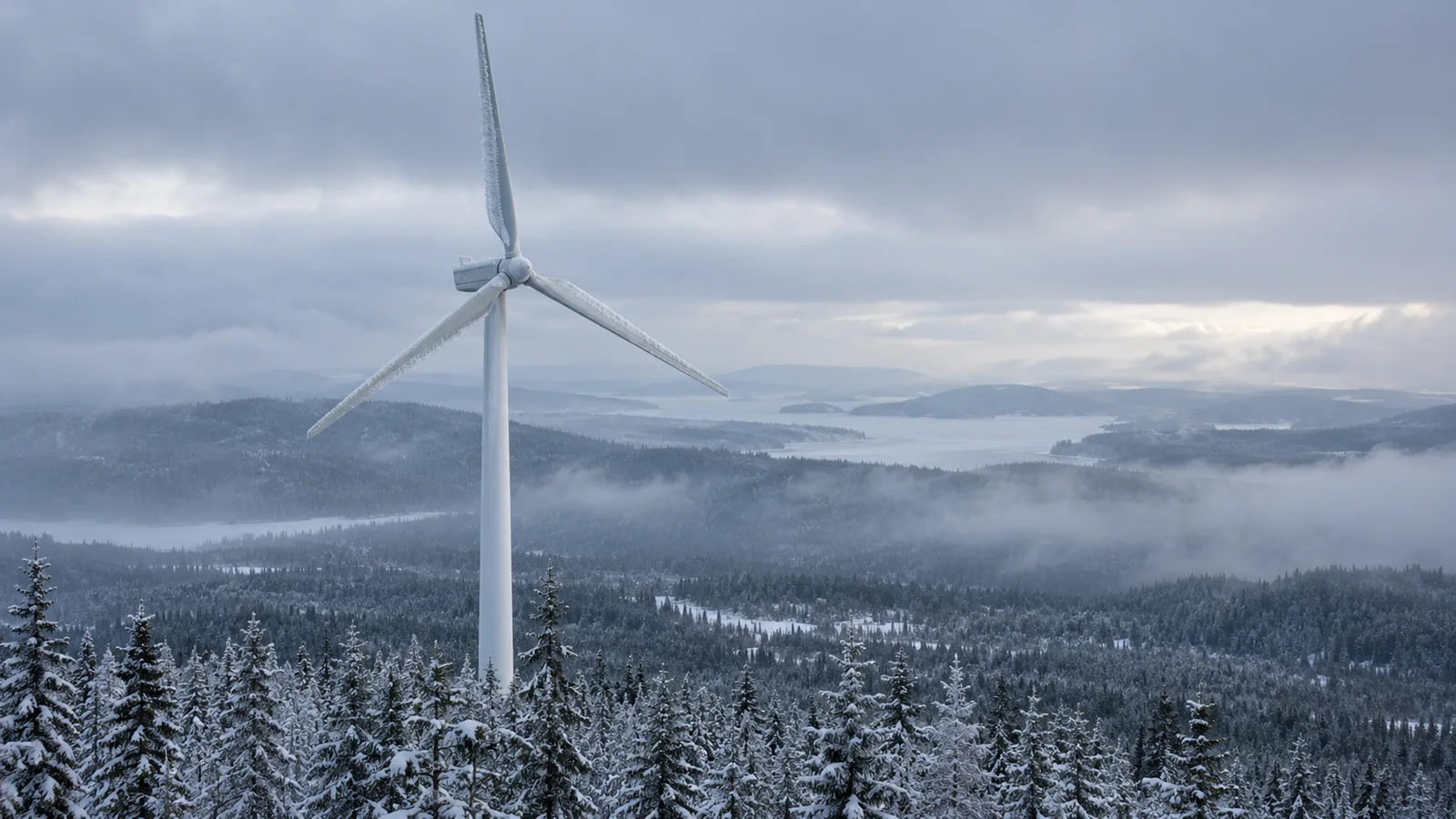 Snow-covered spruce forest surrounding a stopped wind turbine with rime ice on its blades