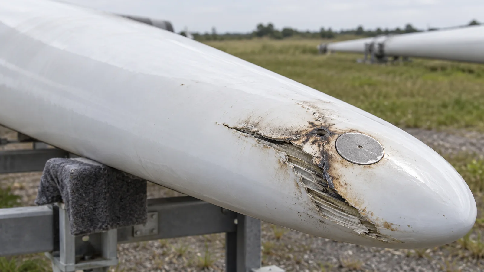 Scorched and split composite laminate around a damaged wind turbine blade tip