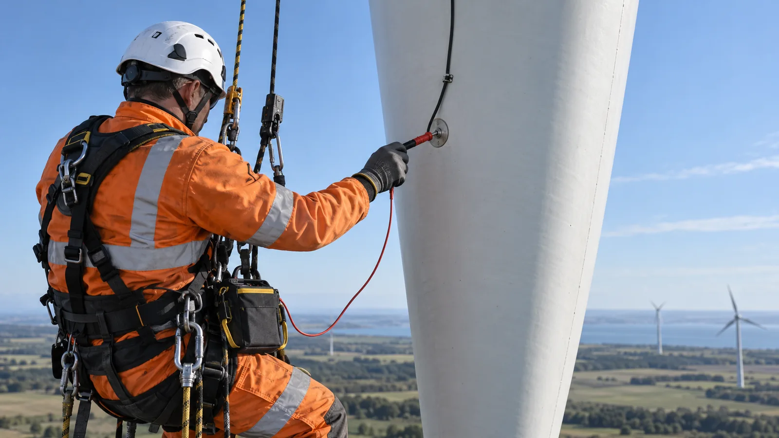 Rope access technician placing a test probe on a wind turbine blade lightning receptor