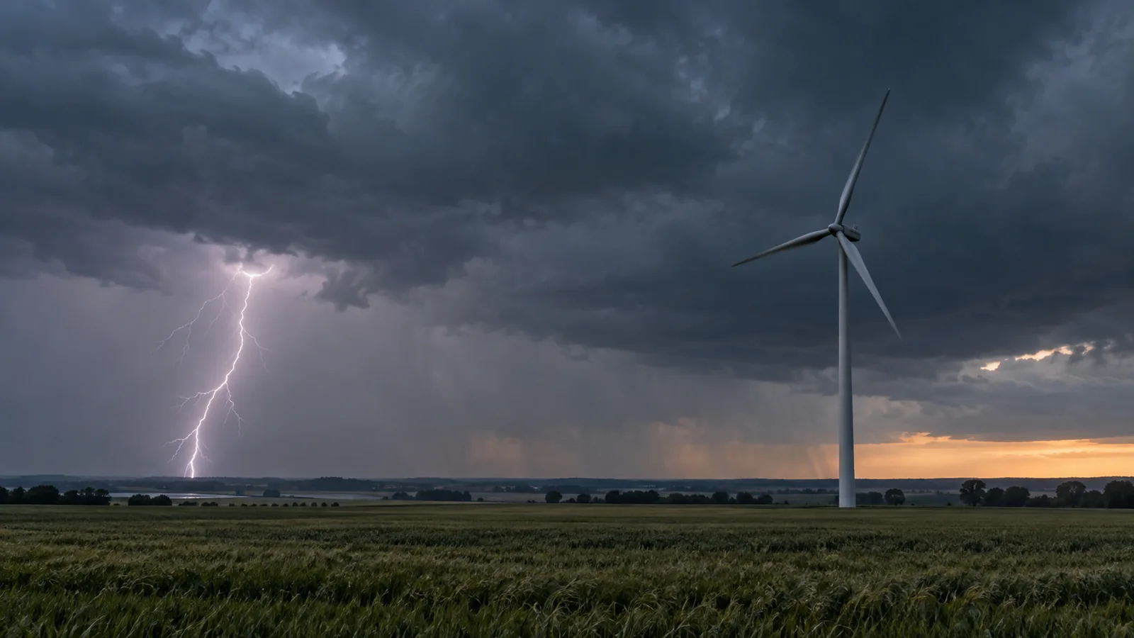 Stopped wind turbine beneath dark storm clouds with distant lightning over farmland